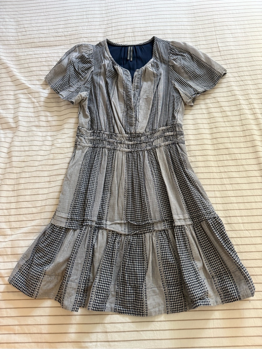 Anthropologie Blue and Gray Gingham Tiered Mini Dress